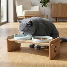 Myg Plus Gobypet Ahşap Standlı Çift Kaseli Pet  Kabı, Seramik Kase, Kedi ve Küçük/orta Boy Köpek Uyumlu (Paspas Hediyeli) (Mavi)