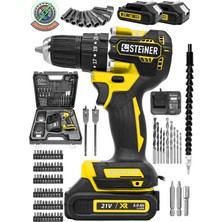 Steiner 21 V Darbeli Profesyonel Kömürsüz Motor Metal Şanzıman Çift Akülü Şarjlı Vidalama Matkap 84 Parça Sarı