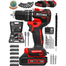 Steiner 21 V Darbeli Profesyonel Kömürsüz Motor Metal Şanzıman Çift Akülü Şarjlı Vidalama Matkap 84 Parça Kırmızı