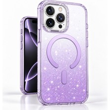 CoverZone iPhone 14 ile Uyumlu Glitterglow Magsafe ile Uyumlu Simli Kılıf, Işıltılı Degrade Şeffaf Arka, Taş Detaylı Kamera Koruma, Güçlü Manyetik Halka, Darbe ve Çizilme Koruması Mor