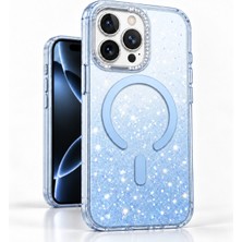 CoverZone iPhone 16 Pro ile Uyumlu Glitterglow Magsafe ile Uyumlu Simli Kılıf, Işıltılı Degrade Şeffaf Arka, Taş Detaylı Kamera Koruma, Güçlü Manyetik Halka, Darbe ve Çizilme Koruması Mavi