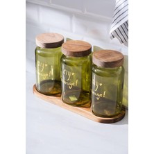 Xml Bayiciniz Tr 7936 Pierre 3 Lü Akasya Ahşap Kapak ve Tepsili Kavanoz Seti - Green