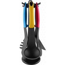 Happy Trend Vintage 7 Parça Standlı Silikonlu Mutfak Servis Takımı Renkli Kepçe Seti Servis Kaşıkları
