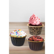 Happy Trend 25LI Muffin Kalıbı - Cupcake Kalıpları, Su Geçirmez ve Yağ Geçirmez Pişirme Kağıtları, Ev Veya Parti Için Alüminyum Folyo Pişirme Kek Kapları - Siyah-Altın