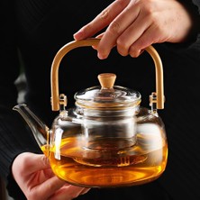 Happy Trend Bambu Saplı Isıya Dayanıklı Borosilikat Cam Süzgeçli Demlik 1000ML, Isıya Dayanıklı Cam Bitki Çayı Demliği 1000ML