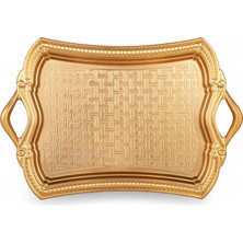 Happy Trend Osmanlı Motifli Dikdörtgen Metal Servis Tepsisi – Kulplu 2 Kişilik Sunum Tepsisi, 37 x 23 Cm, 373 G, Gold ve Gümüş Renk Seçeneği (Altın Sarısı)