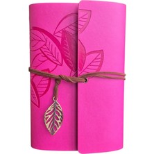 Happy Trend Retro Vintage Yaprak Baskılı Kolye Uçlu Deri Kapaklı Günlük Not Defteri Özel Tasarım Hediyelik Pembe