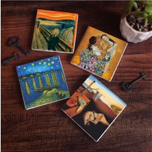 Happy Trend Belleğin Azmi, Van Gogh Ren Nehri'nde Bir Gece, Çığlık, Klimt Aile Kucaklama Taş Bardak Altlığı Seti - 4 Parça - Dekoratif, Rustik, 10X10 Cm, Kaydırmaz Tabanlı SC546
