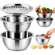 Happy Trend Paslanmaz Çelik Rende Kasesi, 3'ü 1 Arada Sebze Rendesi, Tahliye Sepeti ve Salata Kasesi, Çok Amaçlı Mutfak Süzgeci, Peynir, Havuç, Patates, Salatalık ve Yemek Hazırlama Için Öğütücü, 10,2