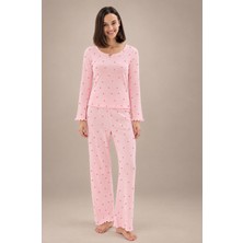 Sevim Kadın Uzun Kol Kalpli Pembe %100 Pamuk Pijama Takımı C8T3N771