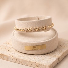 Rui Qi Jewelry Vıp Seri 316L Çelik Gold Renk Zirkon Taşlı Yıldız Motifli Top Zincir Bileklik 18,5 cm