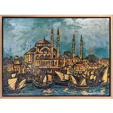 Simurg Sanatevi Yeni Cami ve Yelkeniler Yağlı Boya Tablosu - Tuval Üzerine El Yapımı - 50 x 35 cm