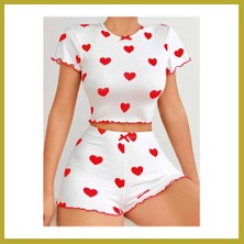 Bezos Kadın Beyaz Kırmızı Kalp Desenli Şortlu Gecelik Takım 5023 · Beden: L/xl · Renk: Beyaz Bcks