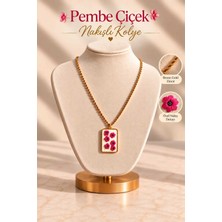 Mdm Style Pembe Çiçek Desenli Gold Renk Kolye