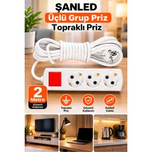 ŞANLED Grup Priz Topraklı 3'lü Çoklu Priz Seyyar Ara Uzatma Kablosu Kablo 2 Metre