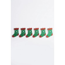Simli Noel Çorabı Yılbaşı Ağacı Süsü 6'lı Set - Yeşil Kırmızı Yıldızlı Asma Süs