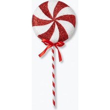 Büyük Boy Strafor Lolipop Şeker Yılbaşı Süsü - Kırmızı Beyaz Simli Dekoratif Lolipop