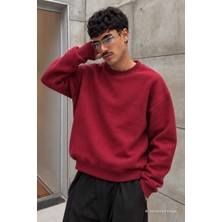 Madmext Bordo Basic Erkek Sweatshirt 6048 Oversize Bisiklet Yaka Uzun Kollu Günlük Kullanım