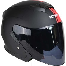 Scharf 528 Siyah Vizörlü Yarım Motosiklet Kaskı - Güneş Camlı Açık Kask (Mblack Y2RED)