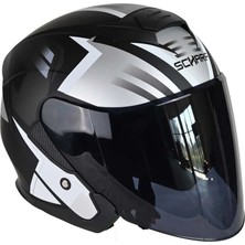 Scharf 528 Siyah Vizörlü Yarım Motosiklet Kaskı - Güneş Camlı Açık Kask (S1 Sılver)