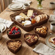 Eco Lounge 5 Parça,4 Kalp Formlu Plastik Rattan Sunum ve Kahvaltı Seti-Bölmeli Çerezlik ve Meyvelik-Doğal Hasır Görünümlü Tepsi ve Sunum Tabakları BX40