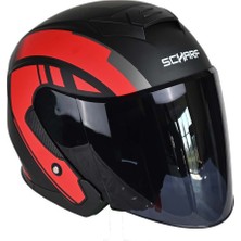 Scharf 528 Siyah Vizörlü Yarım Motosiklet Kaskı - Güneş Camlı Açık Kask (R1 Red)