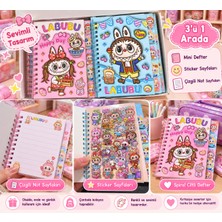 Milano Beautys Labubu Temalı Stickerlı Mini Not Defteri – Spiral Ciltli Çizgili Defter ve Çıkartma Seti – Sevimli Tasarım
