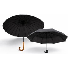 Toptancı Amca 24 Telli Baston Şemsiye 100 cm + 8 Telli Otomatik Şemsiye 2’li Set | Rüzgâra Dayanıklı, Su Geçirmez