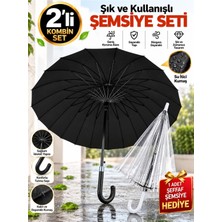 Toptancı Amca 16 Telli Yumuşak Saplı Baston Şemsiye + 1 Adet Şeffaf Şemsiye 2 Li Şemsiye Seti