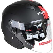 Scharf 528 Şeffaf Vizörlü Yarım Motosiklet Kaskı - Güneş Camlı Açık Kask (Mblack Y2RED)