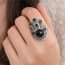 MSZ Silver 925 Ayar Gümüş Telkari Fatma Ana Eli (Hamsa) Yüzük Doğal Taşlı Otantik Kadın Yüzüğü