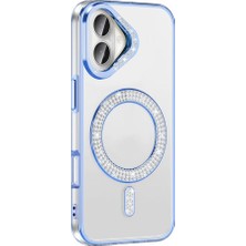 Str Store Apple ile Uyumlu iPhone 16 Plus Kılıf Pırlanta Taş Tasarımlı M-Safe Şarj Özellikli Karetta Silikon Kapak Mavi