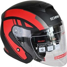 Scharf 528 Şeffaf Vizörlü Yarım Motosiklet Kaskı - Güneş Camlı Açık Kask (R1 Red)