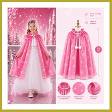 Bezos Kar Tanesi Desenli Pembe Elsa Pelerini - Astarlı Frozen Pelerini 85 cm Bcks