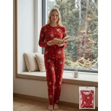 Good Night Kadın Kırmızı Yılbaşı Temalı Ayıcık ve Yıldız Desenli Süet Pijama Takımı