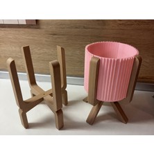 Bezos 3D Baskı Ayaklı Çizgili Saksı - Bej Standlı Dekoratif Saksı - Pembe