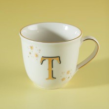 T Harfli 300 ml Porselen Kupa, Altın Yıldız Motifli Renkli Tasarım