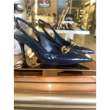 Purple Shoes Lacivert Arkası Açık Rugan Gold Tokalı Stiletto