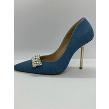Purple Shoes Açık Kot Mavi Kadın Taşlı Tokalı Topuklu Ayakkabı