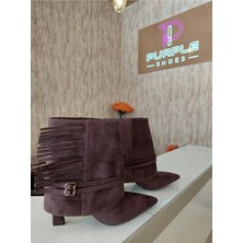 Purple Shoes Püsküllü Süet Sivri Burun Kısa Topuklu Bot