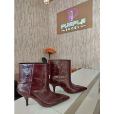 Purple Shoes Bordo Kısa Deri Kroko Alçak Topuk Bot