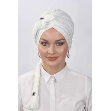 Mestore Çiçekli Örgülü Hazır Bone  Beyaz
