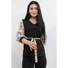 Mestore Moda Çizgi Şifon Kol Bluz Siyah
