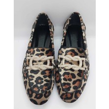 Purple Shoes Kadın Süet Leopar Toka Taş Detaylı Kadın Babet-Leopar