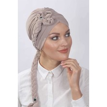 Mestore Çiçekli Örgülü Hazır Bone  Taş Rengi