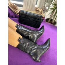 Purple Shoes Kadın Siyah Deri Kroko Desen Kısa Topuklu Bot