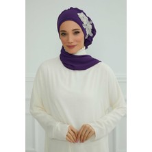 Mestore Yandan Fırfırlı Çiçek Aksesuarlı Şifon Hazır TÜRBAN,HT-102,HT-102 Mor-Gümüş