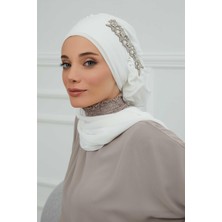 Mestore Yandan Fırfırlı Taş Aksesuarlı Şifon Hazır TÜRBAN,HT-100,HT-100 Kırık Beyaz