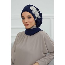 Mestore Yandan Fırfırlı Çiçek Aksesuarlı Şifon Hazır TÜRBAN,HT-102,HT-102 Lacivert-Gümüş