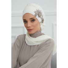 Mestore Yandan Taş Çiçek Aksesuarlı Şifon Hazır TÜRBAN,HT-104,HT-104 Krem
